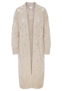 Long cardigan beige en tricot à ouverture frontale, avec motifs texturés en forme de losanges et de feuilles, et poignets et ourlet côtelés.