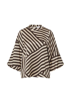 Long-sleeve blouse with geometric brown and cream striped pattern, round neck, and flared sleeves; smooth fabric with a relaxed fit.