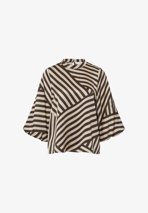 Langärmlige Bluse mit geometrischem braun- und cremefarbenem Streifenmuster, Rundhals und ausladenden Ärmeln; glattes Material mit lockerem Schnitt.