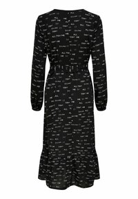 Černé šaty s dlouhými rukávy, textový vzor v bílé, nařasený pas s páskem, vrstvený lem a žebrová textura po celém obvodu.