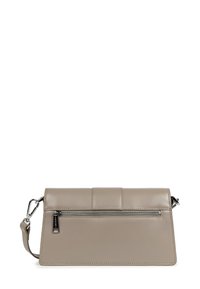 Borsa a tracolla in pelle beige con tasca frontale con zip, forma rettangolare, parte superiore piatta e tracolla rimovibile. Tessuto liscio.