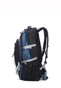 Zaino nero e blu con spallacci regolabili, numerosi scomparti con zip, tasche in rete e dettagli riflettenti per una maggiore visibilità.
