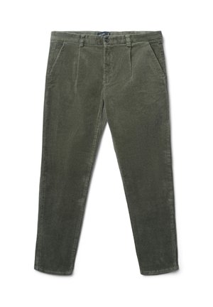 Pantalons en velours côtelé vert olive avec une coupe droite, des poches avant et une fermeture à bouton. Texture douce avec de légères lignes verticales visibles.