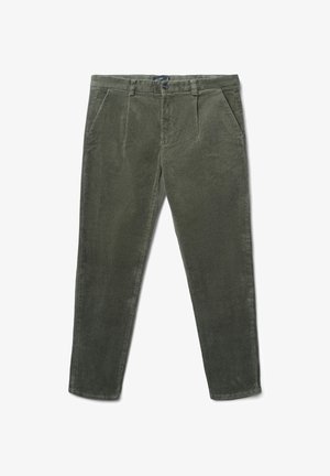Pantaloni in corduroy verde oliva con design a gamba dritta, tasche frontali e chiusura con bottone. Texture morbida e linee verticali sottili visibili.