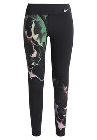 Czarnie legginsy Nike z abstrakcyjnymi zielonymi, różowymi i białymi wzorami spirali na lewej udzie i prawej dolnej nodze, z białym logo Nike na pasie.