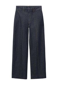 Mörkblå denimbyxor med vida ben, framfickor och en standardmidja. Har orangea sömmar och en kortad längd.