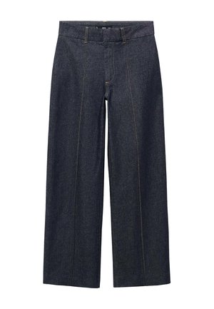 Pantalons large en denim bleu sombre avec des coutures frontales et une taille standard. Présente des coutures orange et une longueur cropped.
