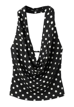 Top negru fara mâneci cu buline albe și decolteu drapat, având un mic detaliu cu bretea la spate.