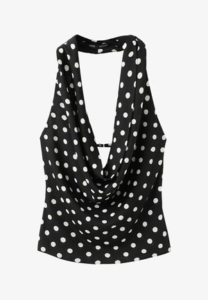 Top negru fara mâneci cu buline albe și decolteu drapat, având un mic detaliu cu bretea la spate.