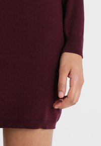 Mano destra rilassata accanto alla coscia, indossando un abito lungo a maniche lunghe di maglia rosso scuro, su uno sfondo semplice.