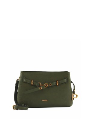 Sac bandoulière en cuir vert foncé avec quincaillerie dorée, sangle réglable et nom de la marque "Picard" à l'avant.