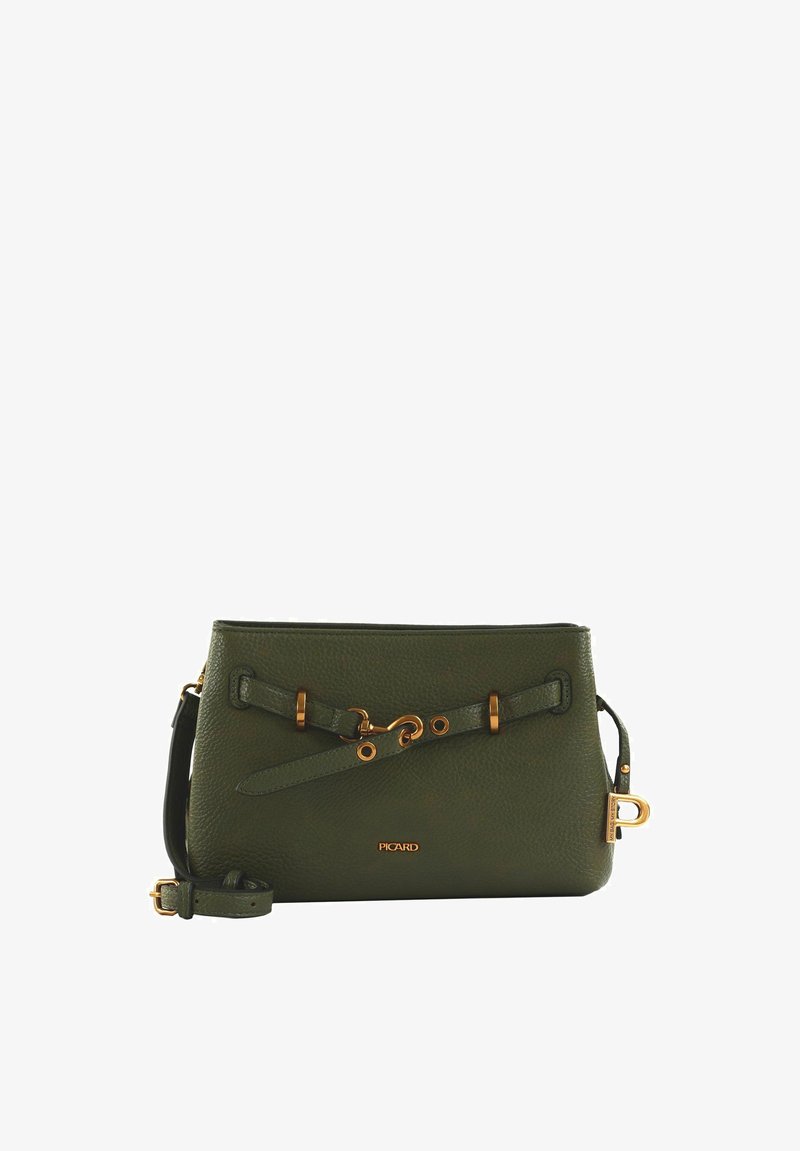 Bolso bandolera de cuero verde oscuro con herrajes en tono dorado, correa ajustable y la marca "Picard" en la parte delantera.