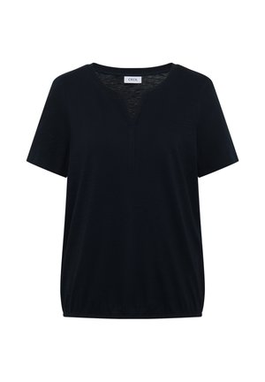 Zwart shirt met korte mouwen, V-hals met inkeping en een elastische zoom, effen ontwerp, met het label "CECIL" aan de binnenkant van de kraag.
