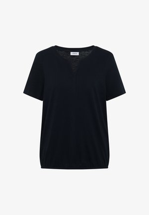 Maglietta nera a maniche corte con scollo a V con intaglio e orlo elasticizzato, design semplice, con etichetta "CECIL" all'interno del colletto.