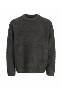 Mørkegrå fuzzy striktrøje med lange ærmer og ribbet rund halsudskæring, manchetter og kant.