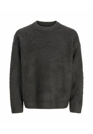 Dark gray fuzzy knit sweater with long sleeves and ribbed crew neck, cuffs, and hem.
