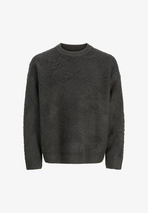 Tumši pelēks pūkains adīts džemperis ar garām piedurknēm un ribotām apkaklītēm, piedurknēm un apakšmalu.