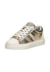 Metallic gold and silver sneaker with white accents; features textured surface, animal print stripe, and a rubber toe cap.