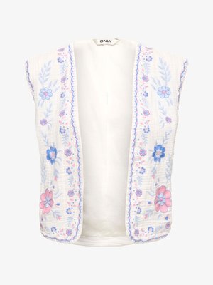 Witte mouwloze vest met roze en blauwe bloemenborduursel langs de voorranden en schouders, open voorkant ontwerp.