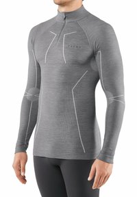 Maglia a maniche lunghe grigia con collo alto, caratterizzata da dettagli di cucitura bianchi e un design aderente, realizzata in un materiale liscio e elastico.