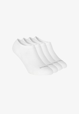 Weißer Knöchelsockensatz, hergestellt aus einer weichen Baumwollmischung, mit einem dehnbaren Umschlag und dezentem Branding an der Seite. Packung mit vier Paaren.