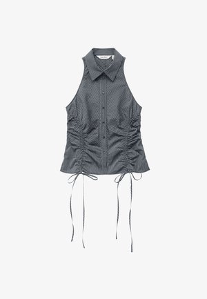 Mouwloze zwart-wit gestreepte blouse met knopen aan de voorkant, kraag, gerimpelde zijkanten en lange trekkoorden aan de zoom.