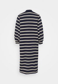 Námořnické a krémové pruhované šaty, dlouhé rukávy s nabíraným designem, délka po kolena, měkká látka s minimální strukturou a kulatým výstřihem.