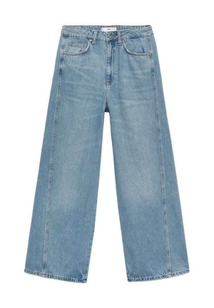 Helle blaue weit geschnittene Jeans aus Denim, mit hoher Taille, zwei vorderen Taschen und sichtbaren Nähten entlang der Seitennähte.