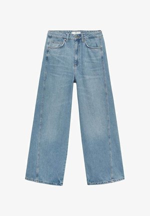 Lichtblauwe wijde jeans van denim, met een hoge taille, twee voorzakken en zichtbare stiksels langs de zijnaad.