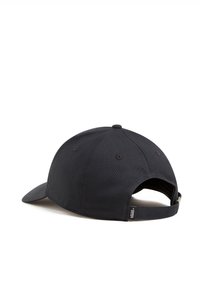 Black cotton baseball cap with a curved brim, adjustable strap at the back, and ventilation holes near the top.