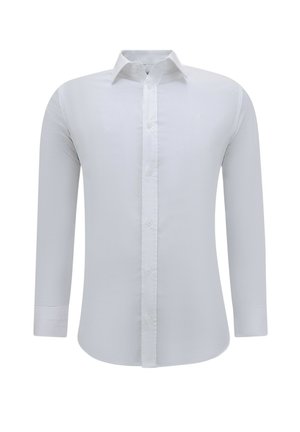 Wit overhemd met lange mouwen, knoopsluiting, een puntige kraag en een getailleerd ontwerp, weergegeven tegen een witte achtergrond.