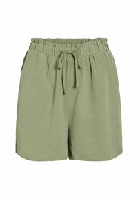 Lehké světle olivově zelené šortky s elastickým pasem, nastavitelným stahovacím šňůrkem a bočními kapsami. Vyrobené z měkké, texturované látky.