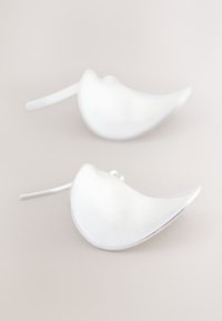 Silver metal earrings with a smooth, curved design. They feature a brushed texture and elongated hooks for secure wear.