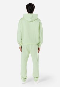 Lys grøn hettegenser og matchende joggebukser, med en avslappet passform, myk tekstur og minimalistisk design, sett fra baksiden.