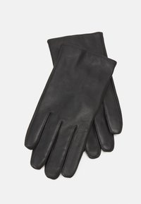 Sorte skinnhansker med fem fingre, jevn tekstur og kontrasterende søm langs kantene. Ingen synlige mønstre eller hardware detaljer.