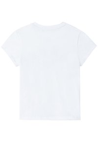 Bílý krátký rukáv tričko s kulatým výstřihem a volným střihem. Tkanina vypadá hladce a nemá žádné viditelné vzory nebo designy.