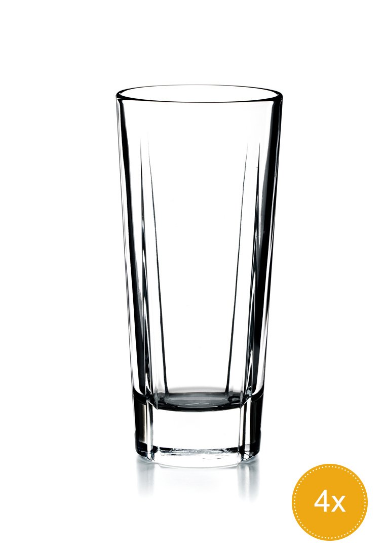 Átlátszó üveg pohár, magas, egyenes kialakítással, függőleges barázdákkal és masszív, átlátszó talppal. Négy darabból álló készlet.
