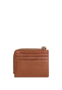 Portafoglio in pelle marrone con una finitura texture, dotato di una tasca con zip e quattro scomparti per carte su un lato.