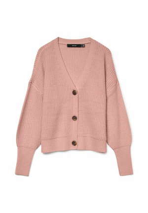 Cardigan rose tricoté avec un col en V, des manches longues bouffantes et quatre boutons marron sur le devant. Tissu texturé et ourlet côtelé.