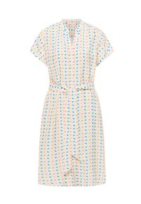 Abito a maniche corte con design avvolgente, realizzato in un tessuto leggero con motivi astratti multicolori di rosa, blu e giallo su uno sfondo crema.