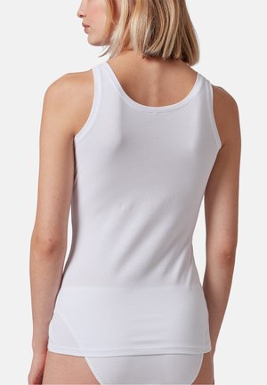 White sleeveless tank top made of soft fabric, featuring a round neckline and a fitted design that extends to the hips.