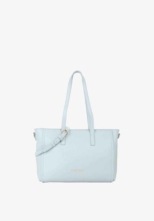 Borsa tote in pelle azzurro chiaro con due manici lunghi e una tracolla regolabile. Presenta dettagli in metallo dorato e un design minimalista.