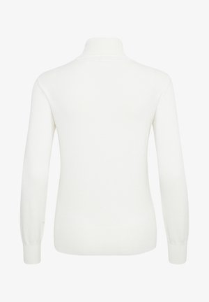 Pull blanc à manches longues avec col haut. Tissu en tricot doux, design ajusté, et bords côtelés pour la texture et la forme.