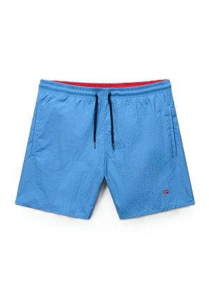 Lyseblå badeshorts med sorte snører, rød indvendig foring, sidelommer og et lille norsk flag på venstre ben.