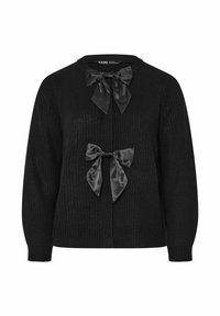 Svart stickad cardigan med två satinrosetter vid halsringningen och i mitten, med en texturerad tyg och knäppning framtill.