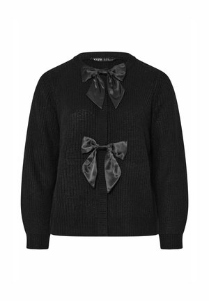 Zwarte gebreide cardigan met twee satijnen strikaccenten bij de halslijn en in het midden, van textuurstof met een knoopsluiting aan de voorkant.