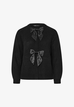 Czarny dziergany kardigan z dwoma satynowymi kokardkami na dekolcie i na środku, z teksturowanym materiałem i zapięciem na guziki.