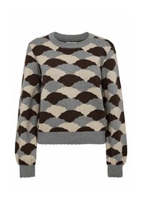 Pull en tricot avec un motif dans des tons de marron, gris et crème. Encolure ronde, manches longues bouffantes et bords côtelés au niveau des poignets et de l'ourlet.