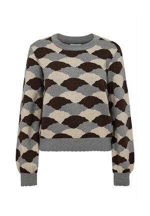 Maglione lavorato a maglia con un design fantasia in marrone, grigio e crema. Collo rotondo, maniche lunghe a sbuffo e polsini e orlo a coste.