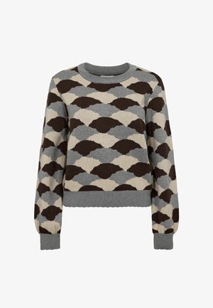 Pulover tricotat cu un design patternat în nuanțe de brown, gri și crem. Guler rotund, mâneci lungi cu puff și manșete și tiv cu nervuri.